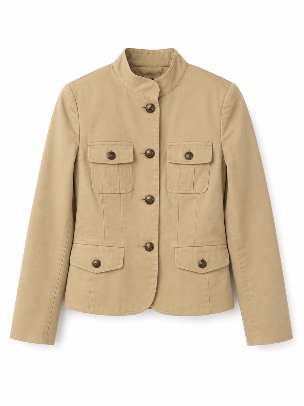 Women's Cotton Utility Jacket with Stand Collar - Khaki